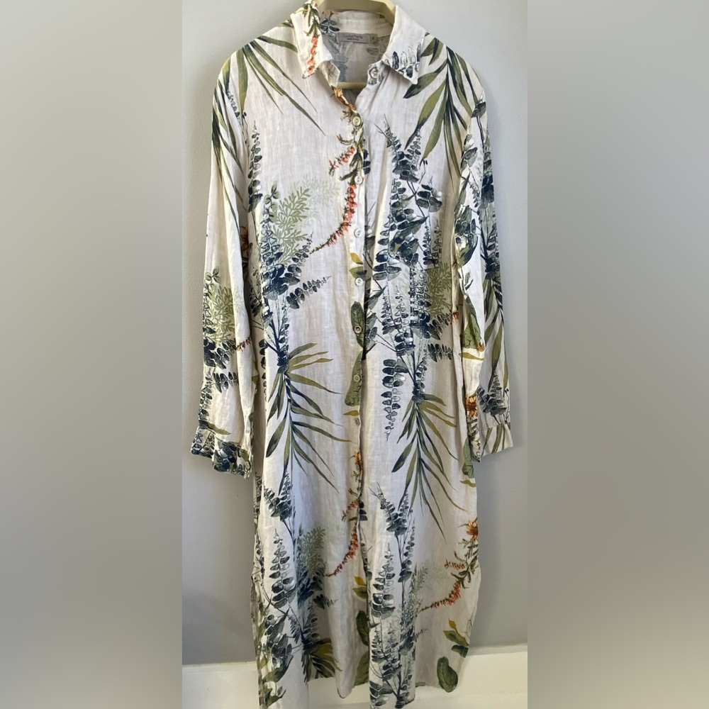 Luisa Perla Linen Dress Women’s XL Floral 3/4 Sleeve Button Up Made In Italy